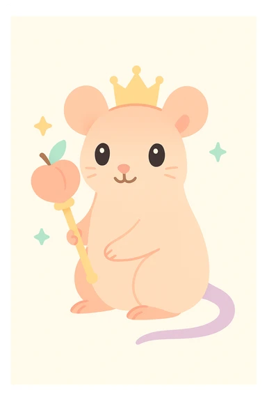 a regal rat with peach-colored fur, holding a scepter shaped like a peach, elegant and fantasy-inspired, soft pastel colors sticker