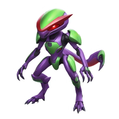 a shiny purple-green-red Genesect-Raptor-Fakémon—hybrid with a futuristic visor-helmet full body sticker