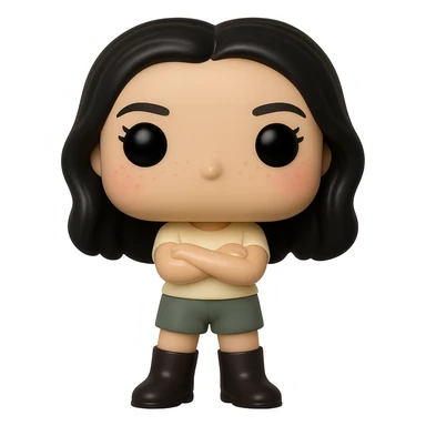 Edit the image into a Funko Pop style vinyl figure with realistic details. The figure should have no mouth, cream-colored top, grey bottoms, dark boots, and arms crossed. Add slightly rosy cheeks, very light freckles, and a mischievous and cheerful expression. The figure has dark hair. Remove the background to make it transparent. sticker