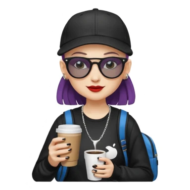 ["A happy woman with light skin, bald, wearing a baseball cap and sunglasses, dressed in goth fashion, is drinking coffee while holding a backpack."] sticker
