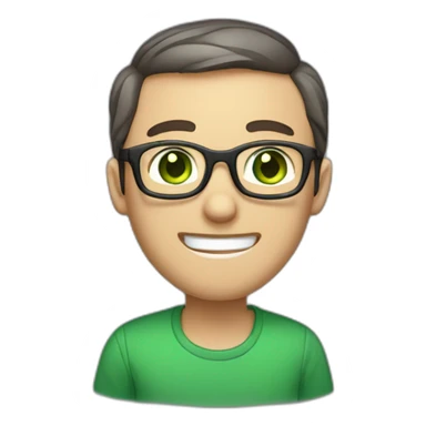 Chatty man, short hair, small thin glasses, green eyes, with dark sweet, geeky sticker