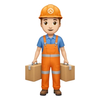 emoji style railway engineer full body in orange overalls, carrying a box with both hands sticker