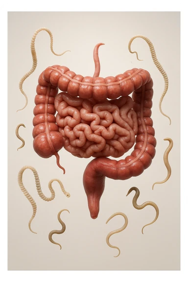 INTESTINO UMANO ANATOMICO REALISTICO FLUTTUA IN ARIA INSIEME A PARASSITI COME LA TENIA, SFONDO CHIARO, iperrealistico 4k sticker