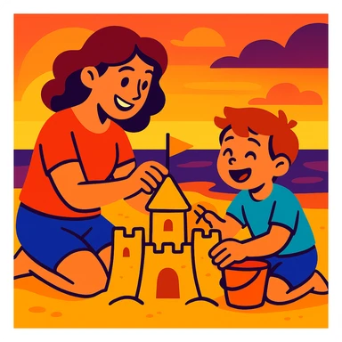 Cartoonish mother and son building a sandcastle together at sunset, playful and joyful sticker