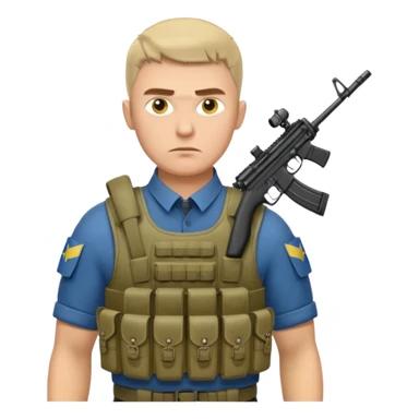 Ukrainian intelligance agency warrior man in platecarrier with nato riffle and ukrainian gerb sticker