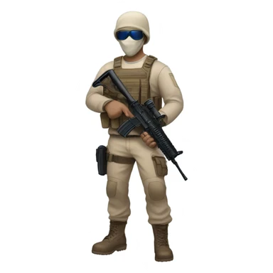 White male, call of duty mask, tan tactical gear, tan pants, combat boots, black beanie, blue eyes sticker