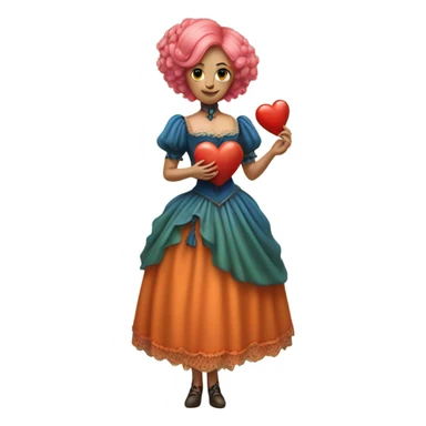 a green woman in Victorian orange and blue dress, pink hair,holdig, red big hearth, full body sticker