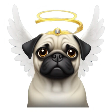 Black pug with a halo  and white wings behind him  sticker