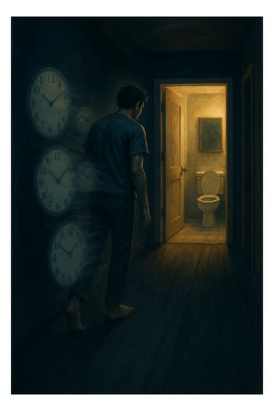 In una scena notturna onirica, un uomo cammina a piedi nudi in un corridoio buio verso un bagno illuminato, ripetutamente. Dietro di lui, come in una scia, ci sono orologi sfocati che simboleggiano il sonno interrotto. Ogni passo è lento, stanco, come se il corpo chiedesse riposo ma la vescica non lo permettesse. sticker