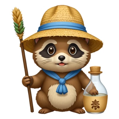 tanuki with straw hat and sake bottle sticker