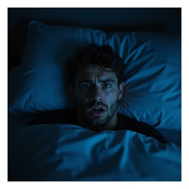 man suddenly waking up in the middle of the night, worried and anxious face, dark room with blue light, realistic hyperrealistic details, 4K quality sticker