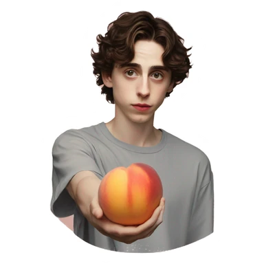 timothée chalamet holding a peach sticker