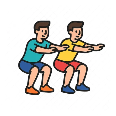 two male gym buddies doing squats together, modern and easy to understand icon style sticker