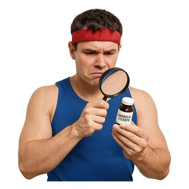 inexperienced athlete reading composition of anabolic steroid bottle with magnifying glass, growing muscles, puzzled expression, sportswear, isolated on white background sticker