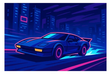 a futuristic car speeding lightning fast on a city road, neon lights, sci-fi atmosphere, blue and purple shades sticker