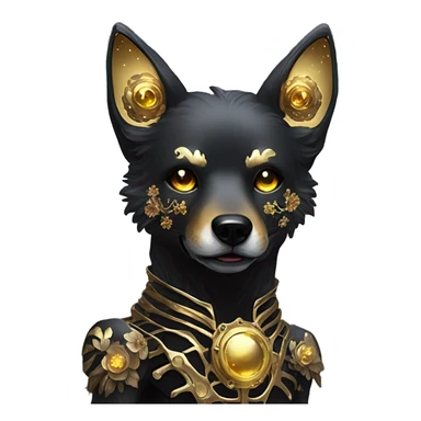 Black iridescent dog fox face head zombie skeleton gold mechanical nebula galaxy stars flowers fairy lights vintage sticker