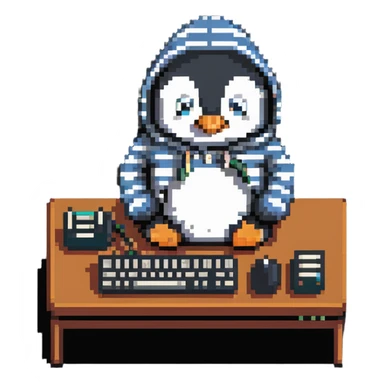 A retro-style penguin with a striped hoodie typing on an old-school computer keyboard sticker