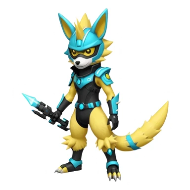 Shiny badass cool edgy spikey fluffy realistic cyan yellow white electric complex futuristic Zeraora-Renamon-Electrike-Umbreon-Lombax-Weregarurumon-fusion-creature (full body) wearing a black cyberpunk-helmet-mask sticker
