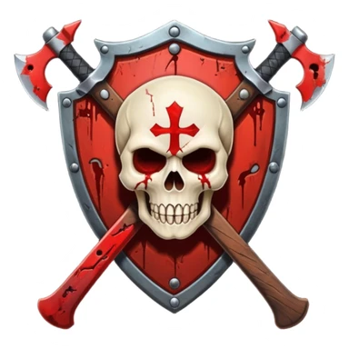 Dark horror shield badge, skull, blood stains, crossed bloody dagger and axe, gothic style, no background sticker