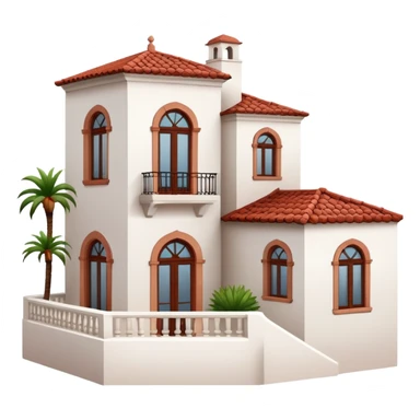 White stucco Spanish villa with red clay tile roof, arched windows, and small balcony sticker