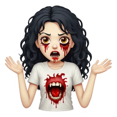 a zombie with long curly black hair volumoso, brown eyes, a white t-shirt and a splash of blood on her t-shirt, mouth open like a zombie sticker