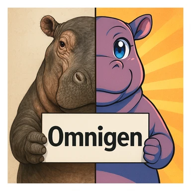a hippo holding sign of omnigen, half picture hippo is realistic another hald is the anime of that same hippo sticker