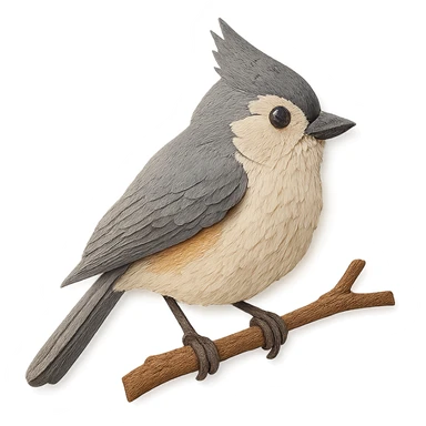 very detailed tufted titmouse perched on a tree branch, intricate cut paper textures, soft gray feathers, white belly, black forehead, expressive crest sticker