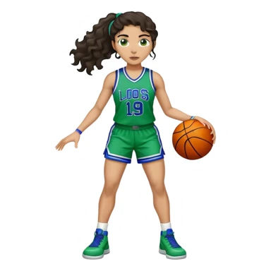 full body plus size light skin latino women basketball player with wavy dark hair large wide nose wearing blue with green uniform sticker