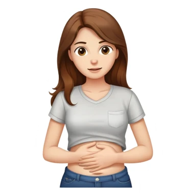 Crying woman with long brown hair rubbing stomach with shirt on sticker