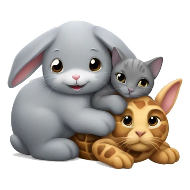 a grey bunny cuddling with two tortoise cats  sticker