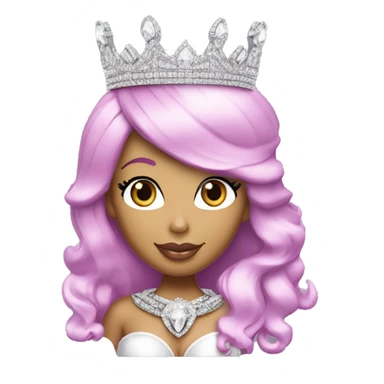 Nicki Minaj with a crown on and a diamond chain that says “queen”. Her crown is sparkly and silver tiara sticker