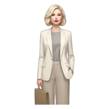 pale skin woman with ash blonde Straightened bob Hair, White Spacious classical jacket, beige palazzo Arrow pants and gray blouse holding RAL colour palette in the hands sticker