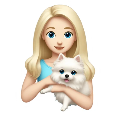 Blond girl white skin blue eyes hugging white Pomeranian with light pink bow sticker