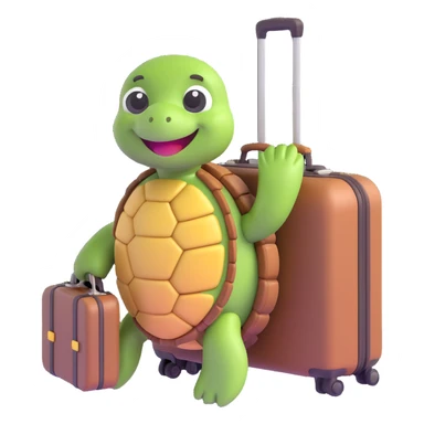 tortue qui part en voyage, style 3D emoji, avec valise, sourire sticker