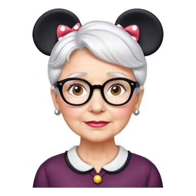 Older woman Hazel eyes short White hair wearing glasses Minnie mouse ears sticker