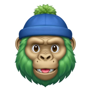 green haired gorilla head with blue hat, apple style emoji, no text sticker