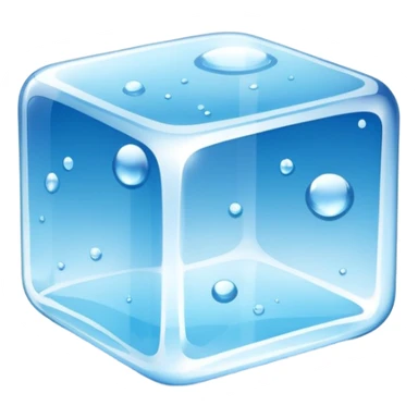 A single transparent ice cube with smooth rounded edges, highly detailed, crystal-clear with tiny air bubbles inside, glossy reflections, cool blue tones, soft shine on the surface, realistic lighting, floating on a clean blue background, ultra-high resolution, 3D look, sharp details sticker