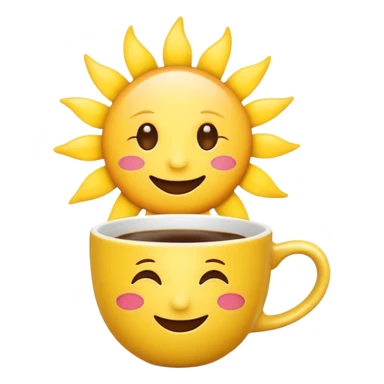a cheerful and bright sun with a coffee cup, emoji style sticker