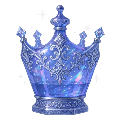 modernus prabangus eliksyro buteliukas, karūnėlės forma, kuri aiškiai yra buteliukas, spalva #7986cb, išraiškingi holografiniai ir sidabriniai filigranai, kristalo švytėjimas, žėrintys magiški efektai, šviesos lūžiai, labai mažas kaklelis, ornamentuotas vientisas dugnas, skaidrus fonas, be šešėlio, aiškiai plūduriuoja ore, nestovi, kolekcijos stilius, maksimaliai gražus sticker