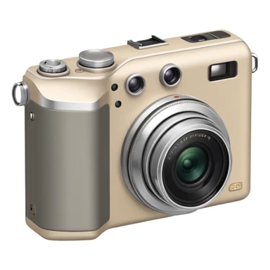 Minimalist Olympus Superzoom 70G camera from side angle, grayish-beige color, simplified profile showing characteristic silhouette with very few details sticker