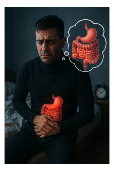 a tired-looking man sits on the edge of his bed at dawn, holding his stomach with a pained expression. Dark circles under his eyes and a messy bed indicate poor sleep. In the background, a clock shows early morning hours, and a thought bubble or overlay highlights digestive organs, emphasizing intestinal discomfort linked to sleep deprivation. sticker