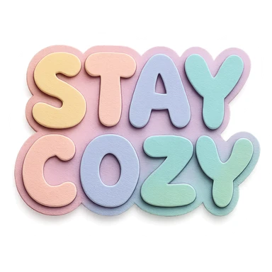 "Stay Cozy" soft pastel rainbow rounded bubble font, cute kawaii style, no border, transparent background, paper craft style sticker