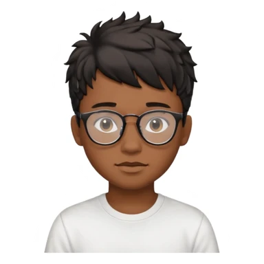 face emoji of a teenage boy, brown skin, wavy black taper fade with fringe hair, attractive face, white t-shirt, black glasses sticker