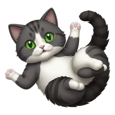 solid dark grey cat with green eyes, white toes/paws and white patch on her chest playfully rolling upside down sticker