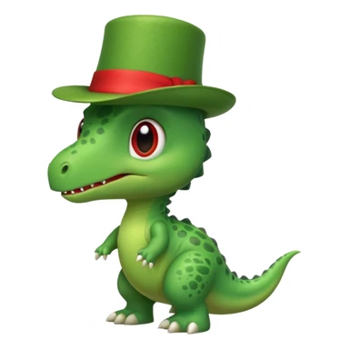 A side view of a very cute and adorable green anthropomorphic baby dinosaur with a red top hat sticker