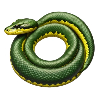 A photo-realistic top-down view of a Green Anaconda tightly coiled in a spiral, with its broad, flat head resting at the center. Its olive-green body is thick and muscular, patterned with symmetrical, bold black oval spots that flow along its smooth, glossy scales, that are camoflaged sticker