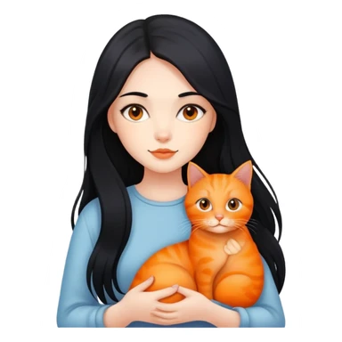 A beautiful girl with fair skin and long black hair is holding two orange cats sticker