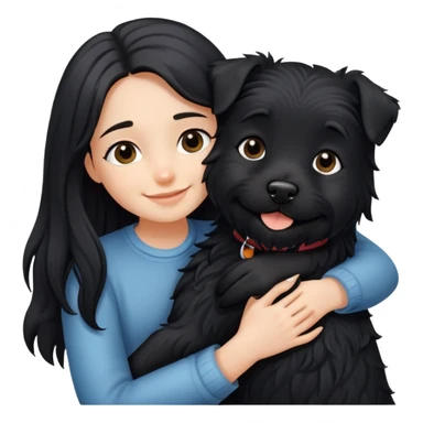 A black long-haired girl happily hugging a black terrier dog sticker