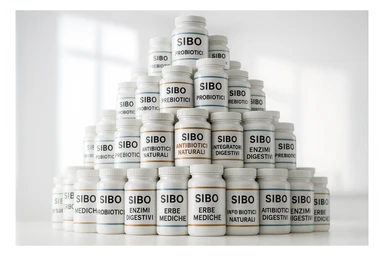 montagna di barattoli di integratori contro la SIBO con etichette in italiano sticker