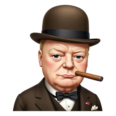 Cinematic Realistic Winston Churchill Portrait Emoji, depicted as a resolute British statesman with a signature bowler hat and a cigar, exuding determined leadership and wartime valor, rendered with lifelike textures and dramatic vintage lighting that captures his iconic British spirit. sticker